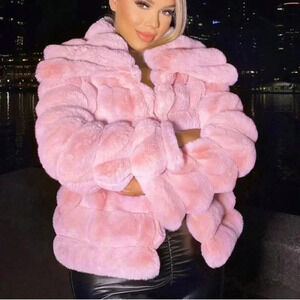 Dusty Pink Preppy Womens Open Front Fuzzy Jacket
